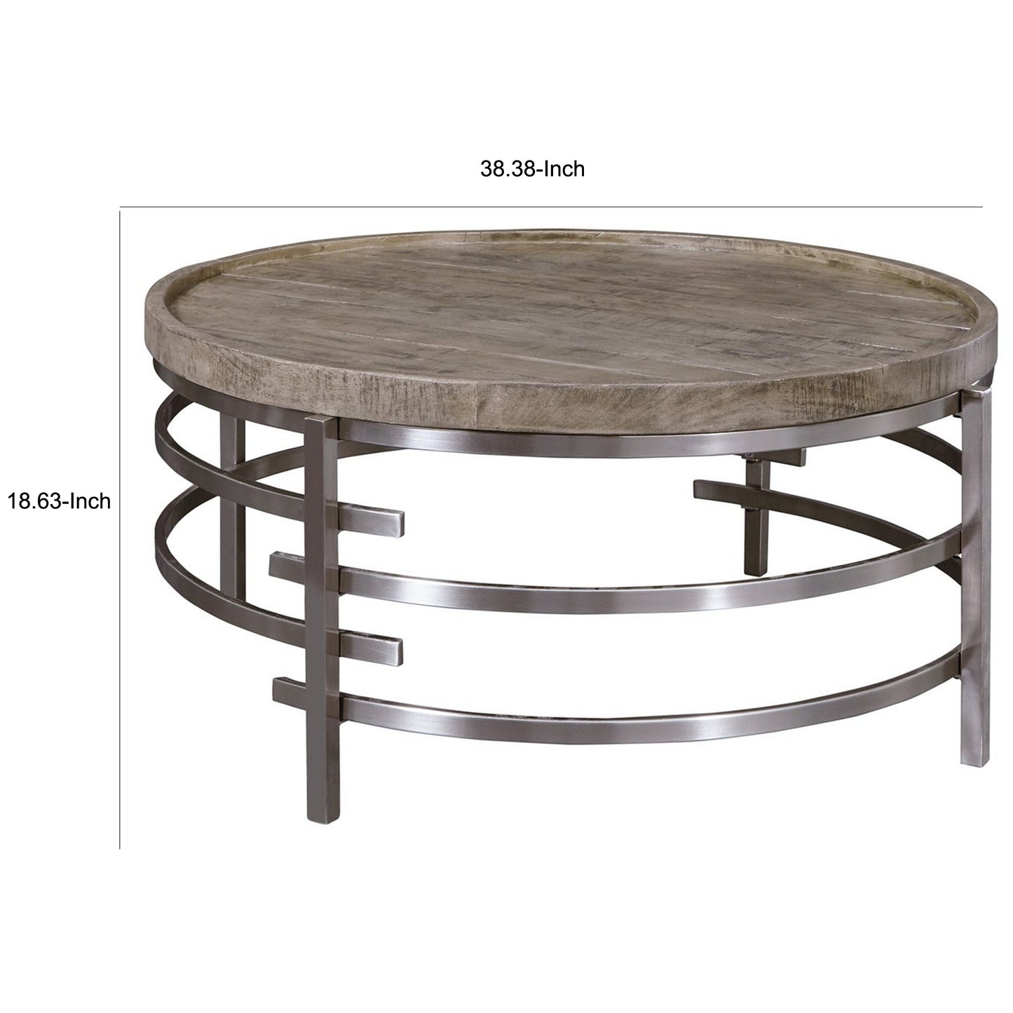 Wood Top Round Cocktail Table With Metal Base Brown And Gray By Benzara | Coffee Tables | Modishstore - 3