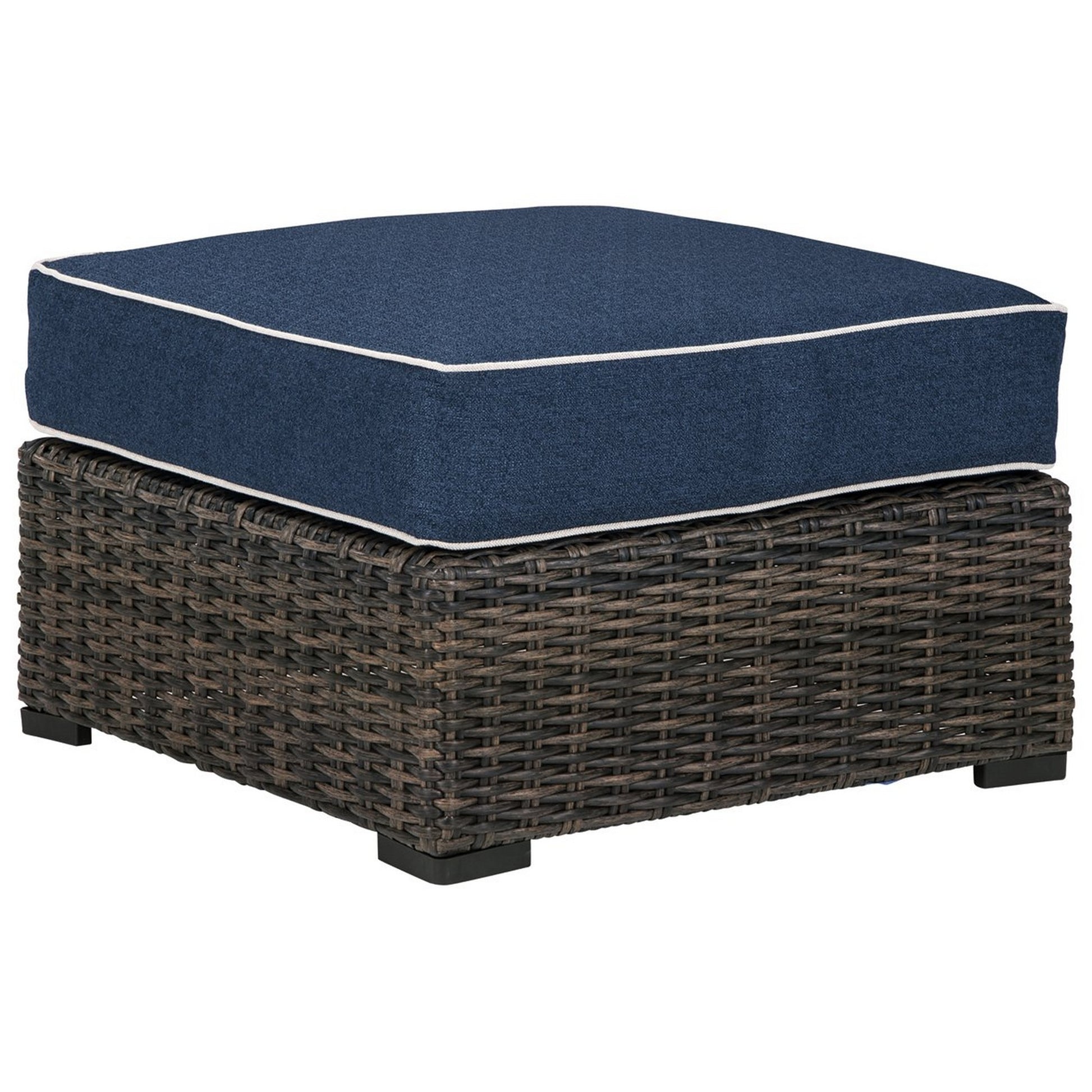Handwoven Wicker Frame Ottoman With Cushion Seat Brown And Blue By Benzara | Ottomans | Modishstore - 4