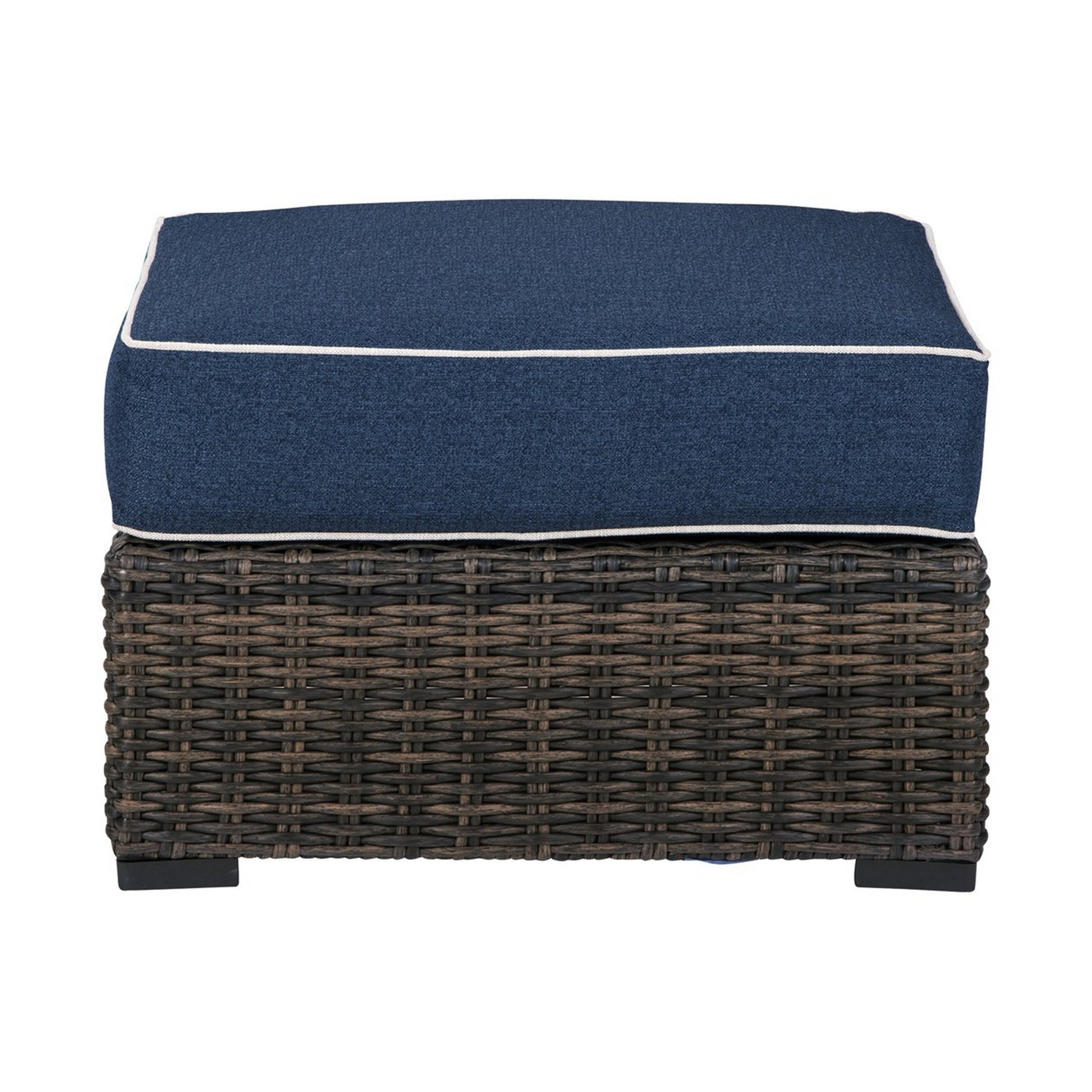 Handwoven Wicker Frame Ottoman With Cushion Seat Brown And Blue By Benzara | Ottomans | Modishstore - 3