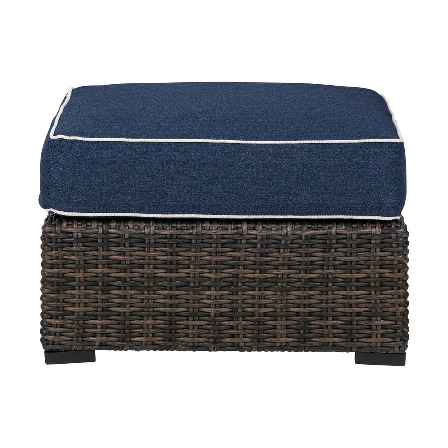 Handwoven Wicker Frame Ottoman With Cushion Seat Brown And Blue By Benzara | Ottomans | Modishstore - 2