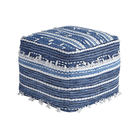 Fabric Pouf With Handwoven Tassel Design Blue And White By Benzara | Ottomans | Modishstore