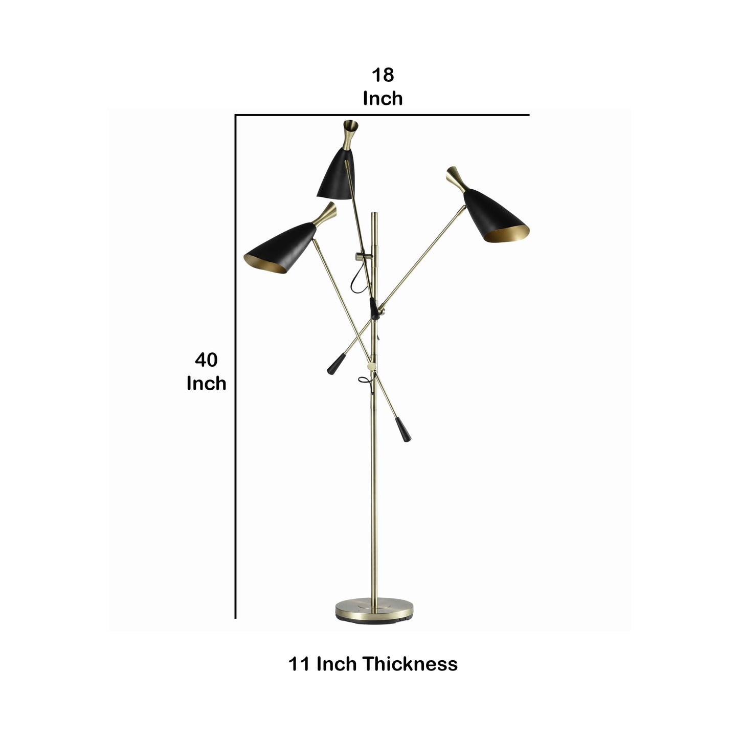 3 Light Metal Floor Lamp With Adjustable Height Black By Benzara | Floor Lamps | Modishstore - 5