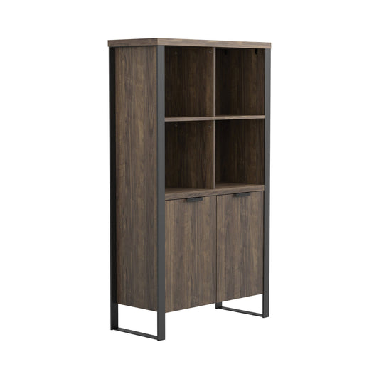 Wooden Bookcase With 2 Doors And Metal Frame Brown And Black By Benzara | Bookcases | Modishstore