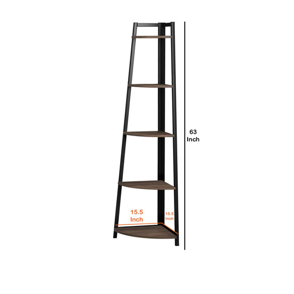 5 Tier Wooden Corner Bookcase With Metal Frame Brown And Black By Benzara | Bookcases | Modishstore - 5