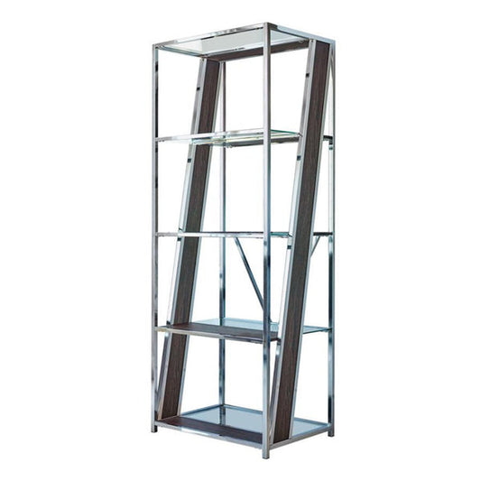 4 Tier Metal Bookcase With Glass And Wooden Shelf Black And Chrome By Benzara | Bookcases | Modishstore