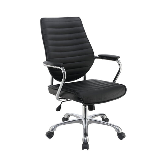 Leatherette Office Swivel Chair With Padded Arms Black And Chrome By Benzara | Office Chairs | Modishstore