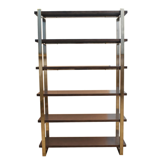 Metal Frame Bookcase With 6 Tier Wooden Shelves Brass By Benzara | Bookcases | Modishstore
