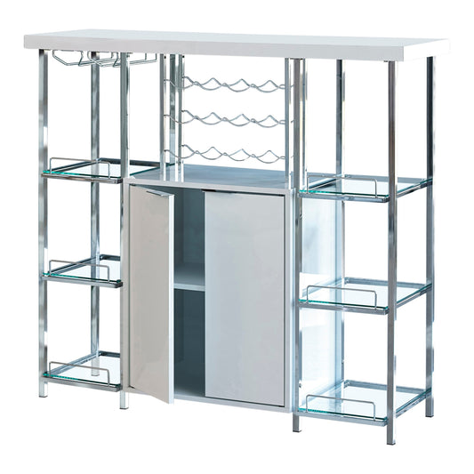 6 Glass Shelf Metal Frame Bar Cabinet With Power Outlet Clear And Chrome By Benzara | Cabinets | Modishstore
