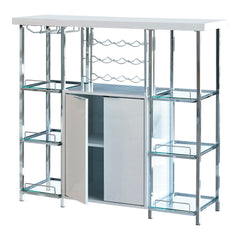 6 Glass Shelf Metal Frame Bar Cabinet With Power Outlet Clear And Chrome By Benzara