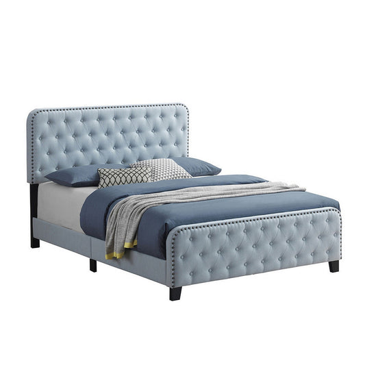 Fabric Upholstered Tufted Full Bed With Nailhead Trim Blue By Benzara | Beds | Modishstore