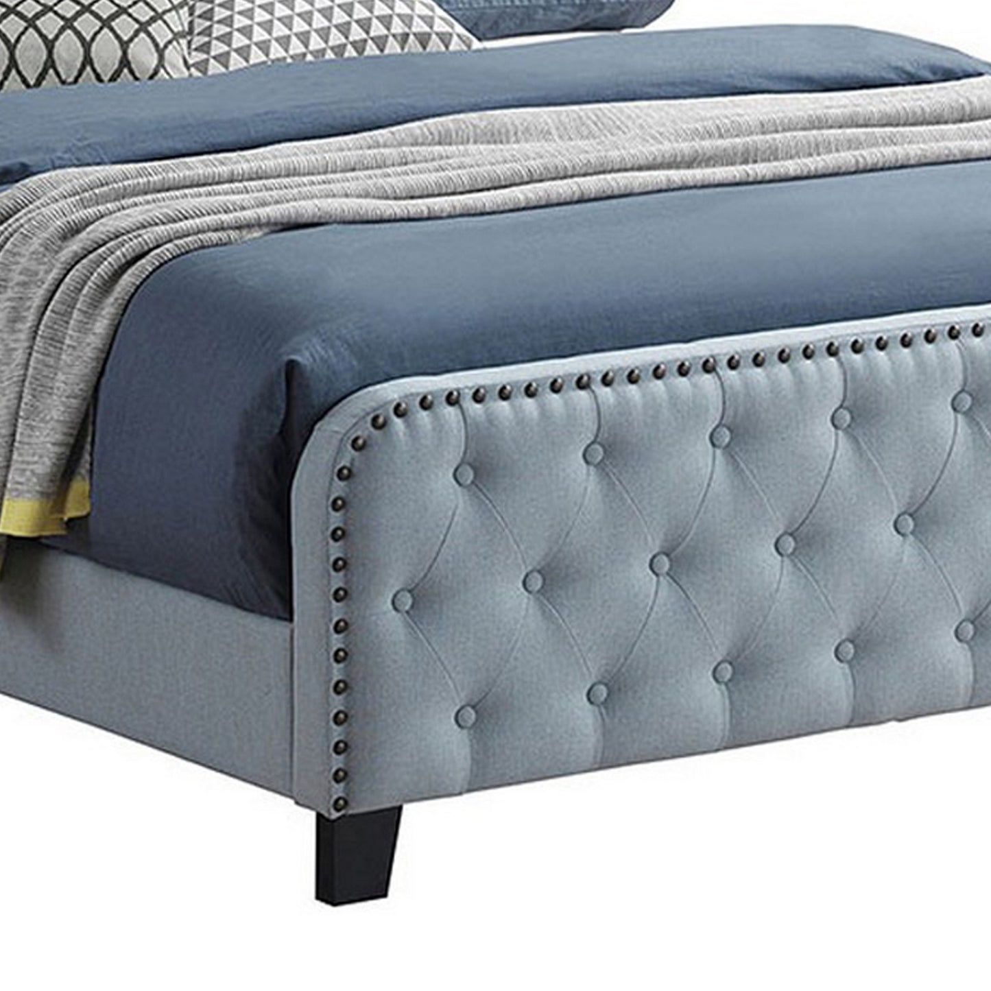 Fabric Upholstered Tufted Queen Bed With Nailhead Trim Blue By Benzara | Beds | Modishstore - 3