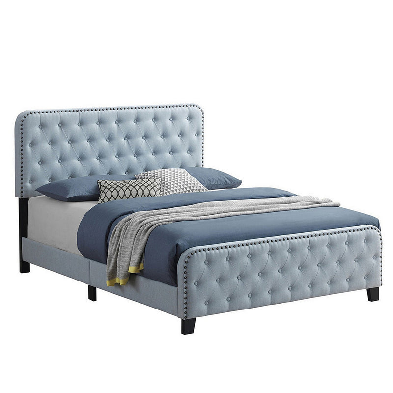 Fabric Upholstered Tufted Queen Bed With Nailhead Trim Blue By Benzara | Beds | Modishstore