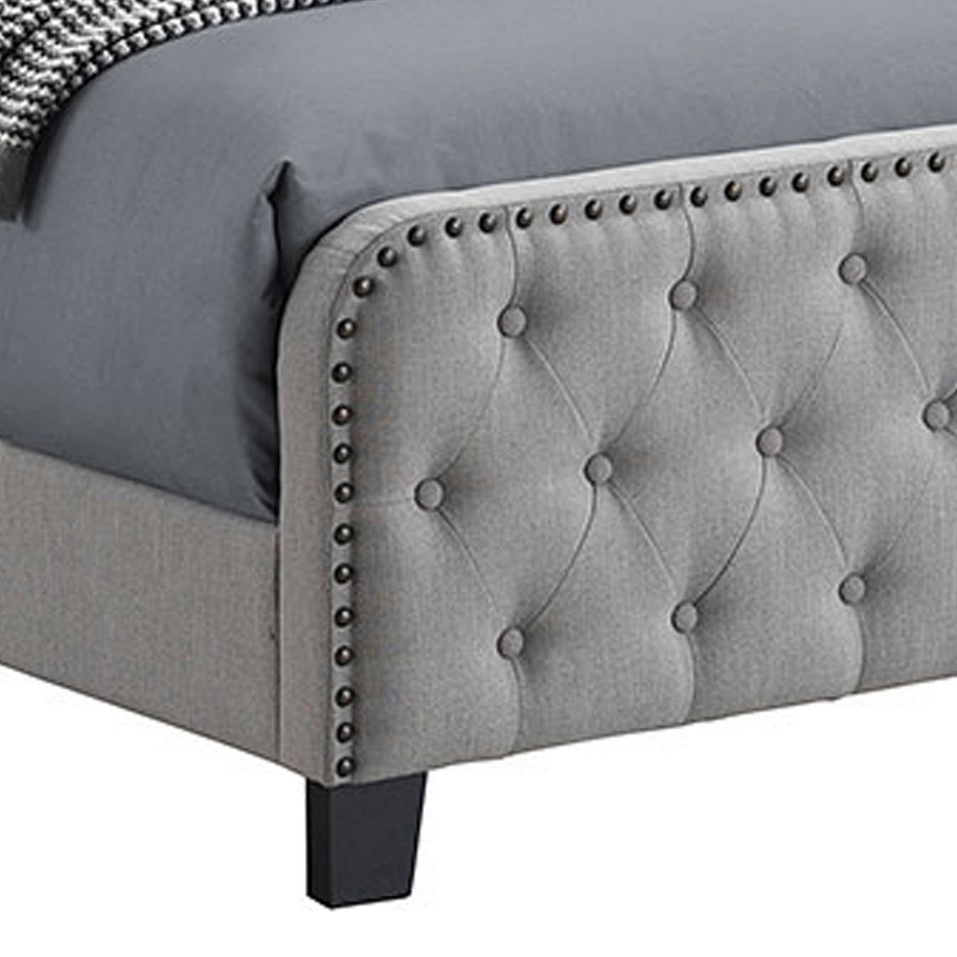 Tufted Eastern King Fabric Bed With Nailhead Trim Gray By Benzara | Beds | Modishstore - 3