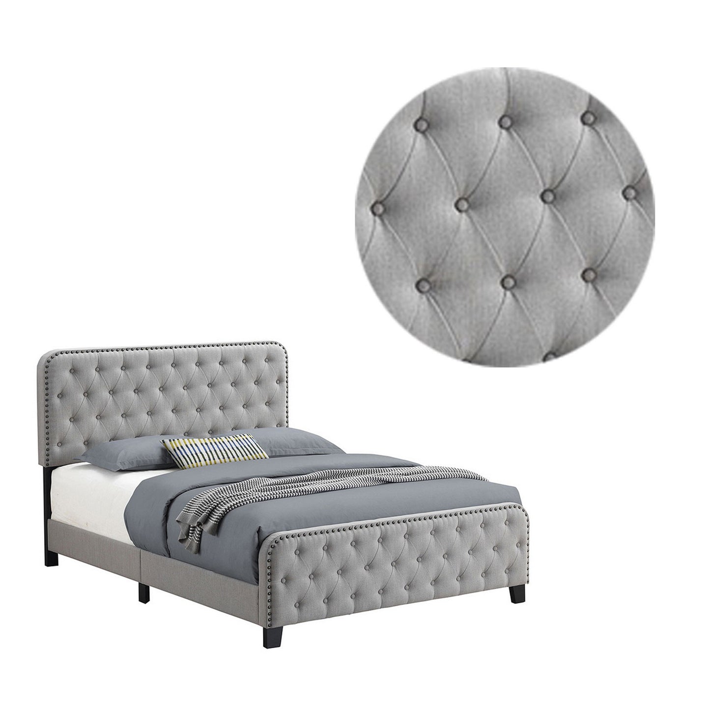 Tufted Queen Fabric Bed With Nailhead Trim Gray By Benzara | Beds | Modishstore - 3