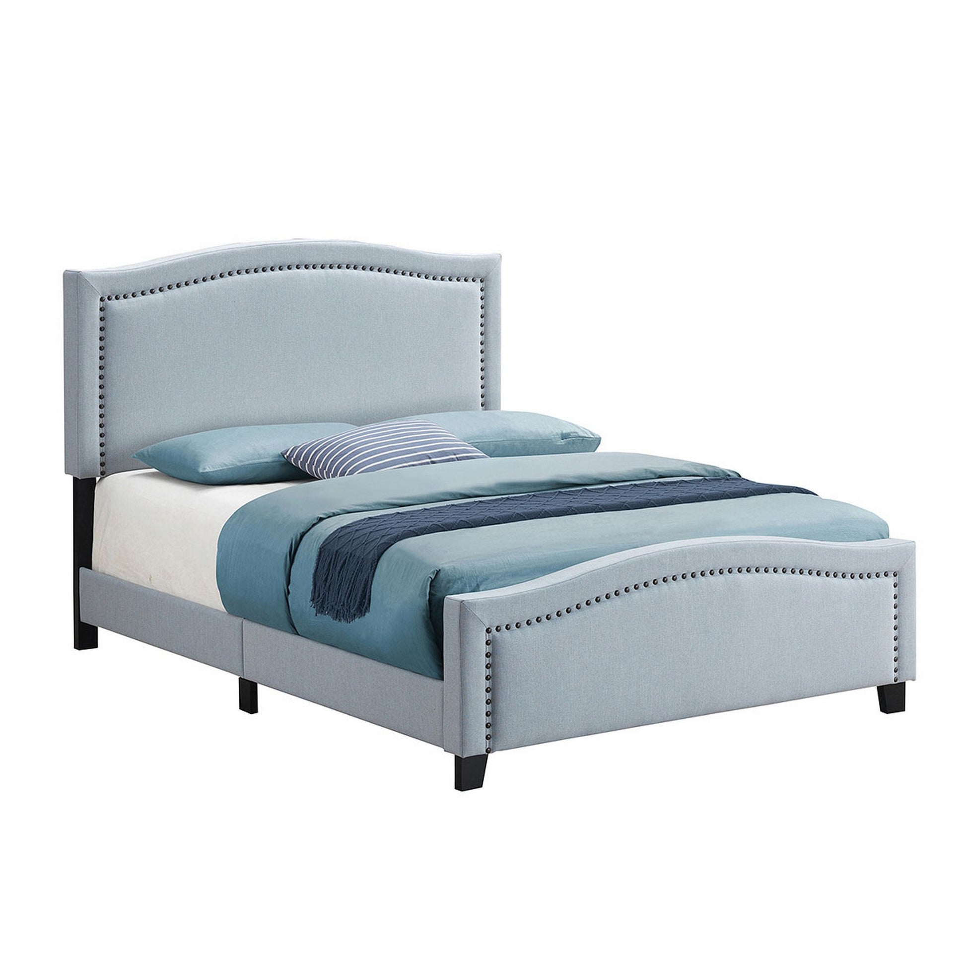 Fabric Upholstered Curved Design Queen Bed Blue By Benzara | Beds | Modishstore