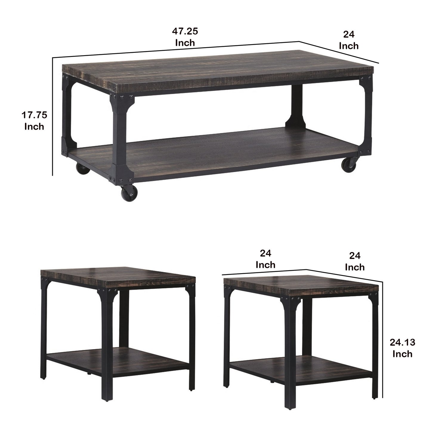 3 Piece Metal Frame Occasional Table Set With Rivets Brown And Black By Benzara | End Tables | Modishstore - 3
