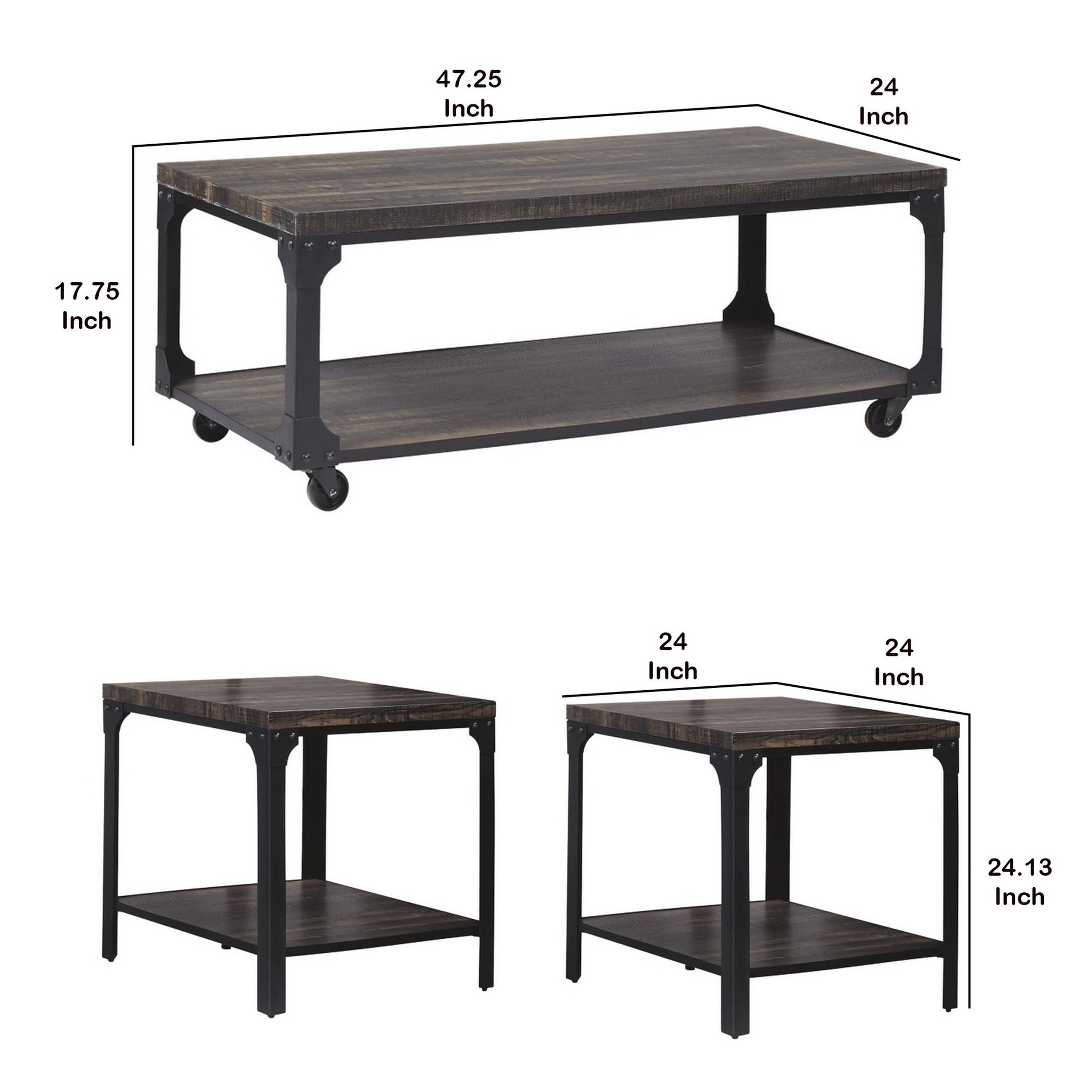 3 Piece Metal Frame Occasional Table Set With Rivets Brown And Black By Benzara | End Tables | Modishstore - 3