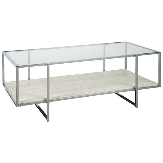 48 Inches Glass Top Cocktail Table With Stone Shelf Clear And Chrome By Benzara | Coffee Tables | Modishstore