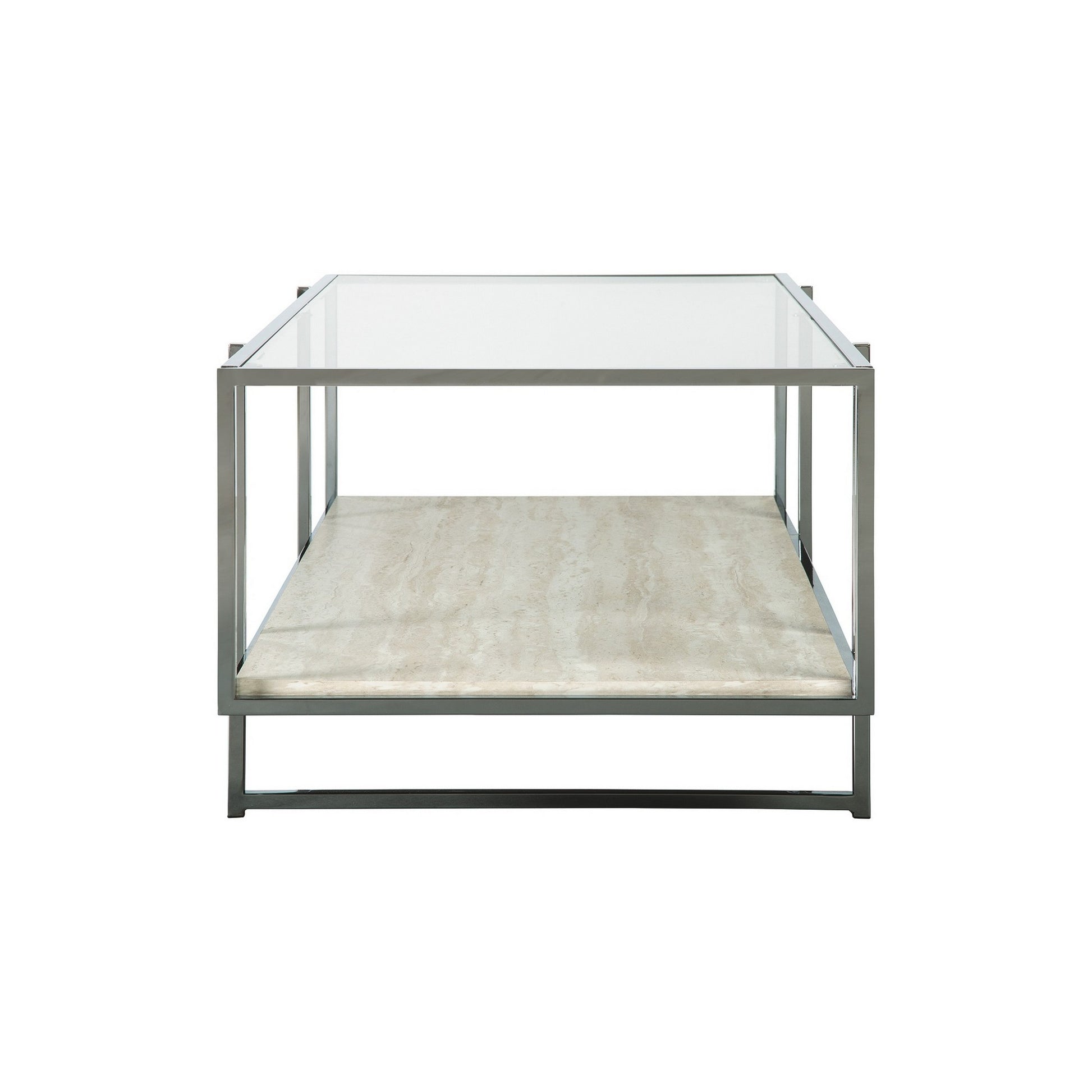48 Inches Glass Top Cocktail Table With Stone Shelf Clear And Chrome By Benzara | Coffee Tables | Modishstore - 2