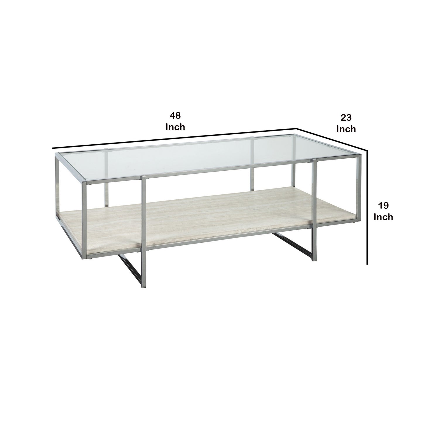 48 Inches Glass Top Cocktail Table With Stone Shelf Clear And Chrome By Benzara | Coffee Tables | Modishstore - 4