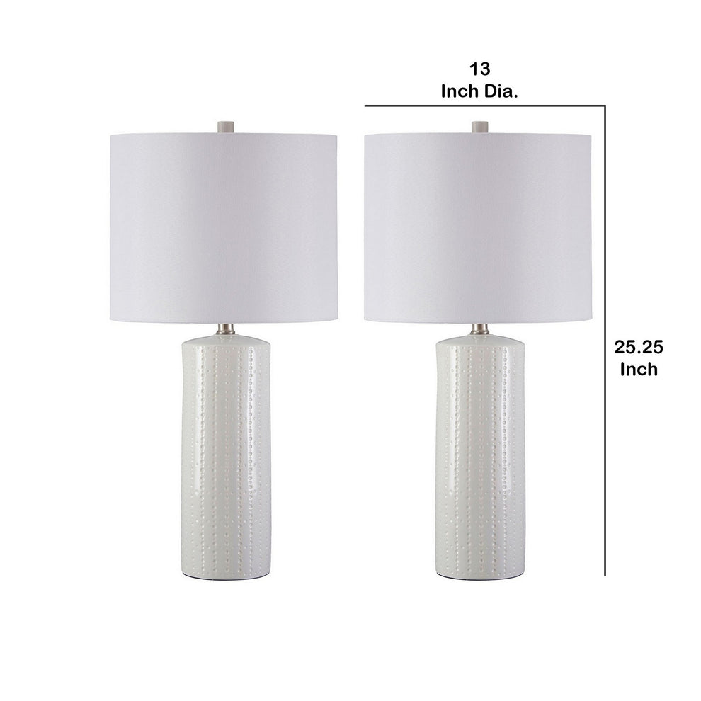 Carved Ceramic Base Table Lamp With Drum Shade Set Of 2 White By Benzara | Desk Lamps | Modishstore - 5
