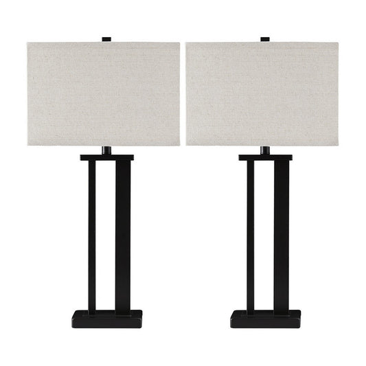 Metal Frame Table Lamp With Hardback Shade Set Of 2 Off White And Bronze By Benzara | Desk Lamps | Modishstore