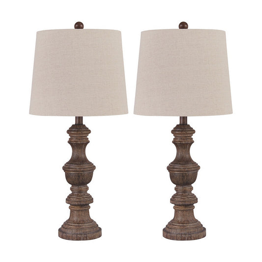 Tapered Fabric Shade Table Lamp With Turned Base Set Of 2 Gray And Brown By Benzara | Desk Lamps | Modishstore