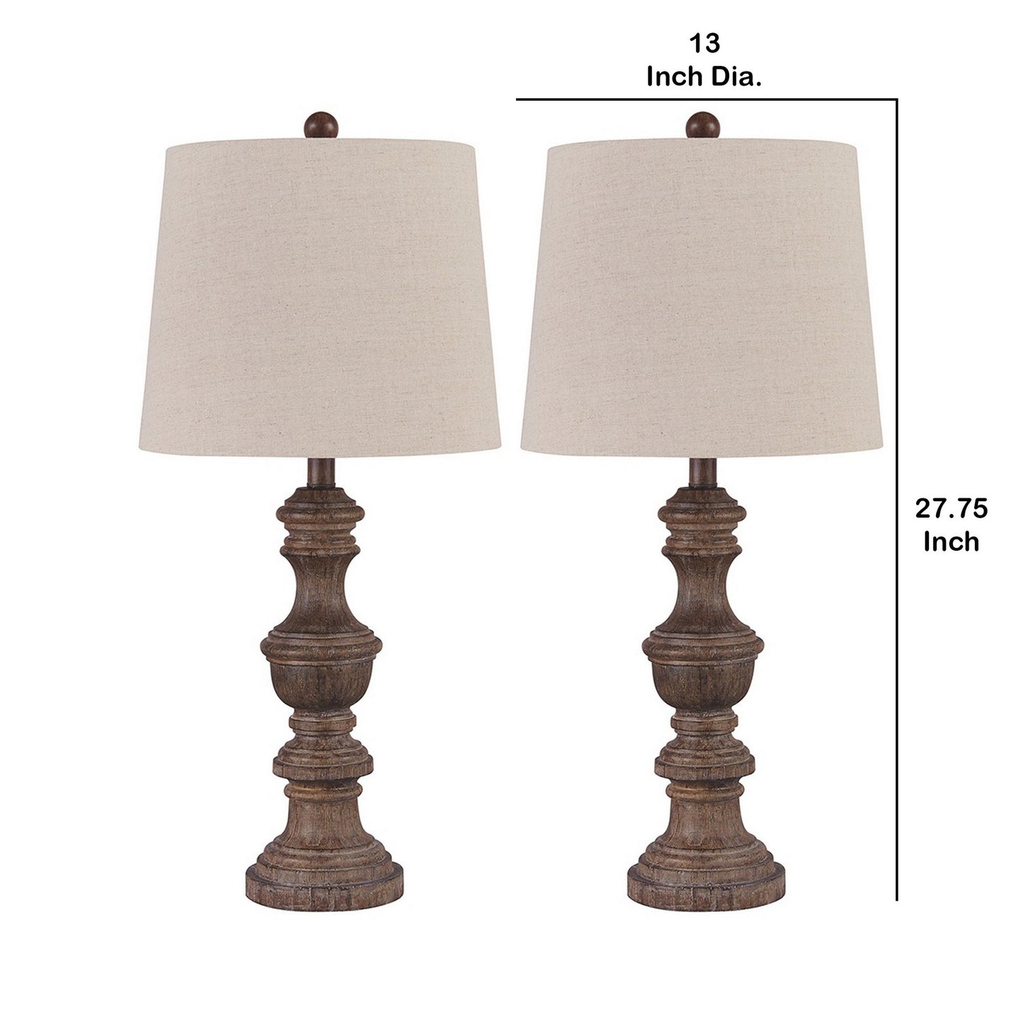 Tapered Fabric Shade Table Lamp With Turned Base Set Of 2 Gray And Brown By Benzara | Desk Lamps | Modishstore - 2