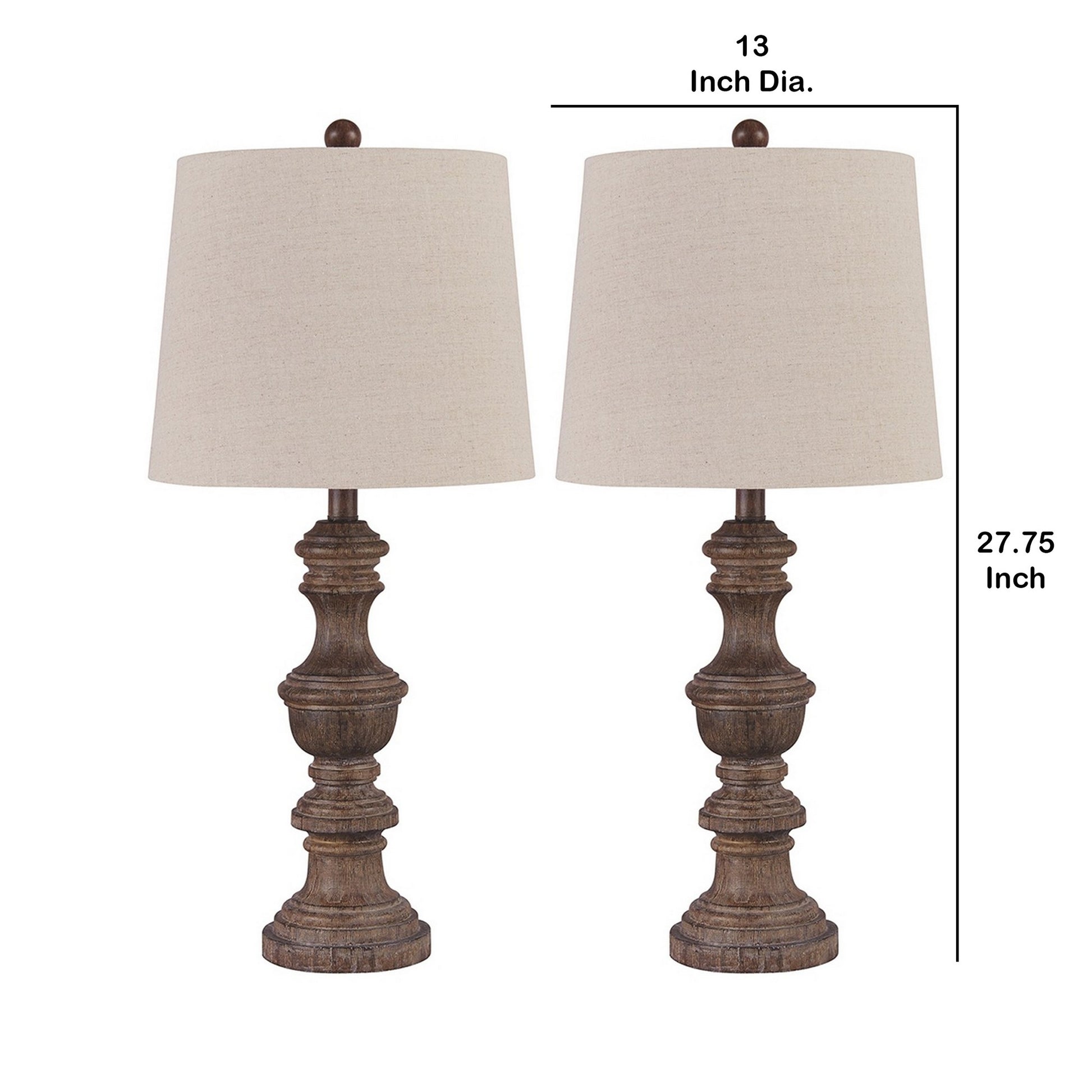 Tapered Fabric Shade Table Lamp With Turned Base Set Of 2 Gray And Brown By Benzara | Desk Lamps | Modishstore - 2
