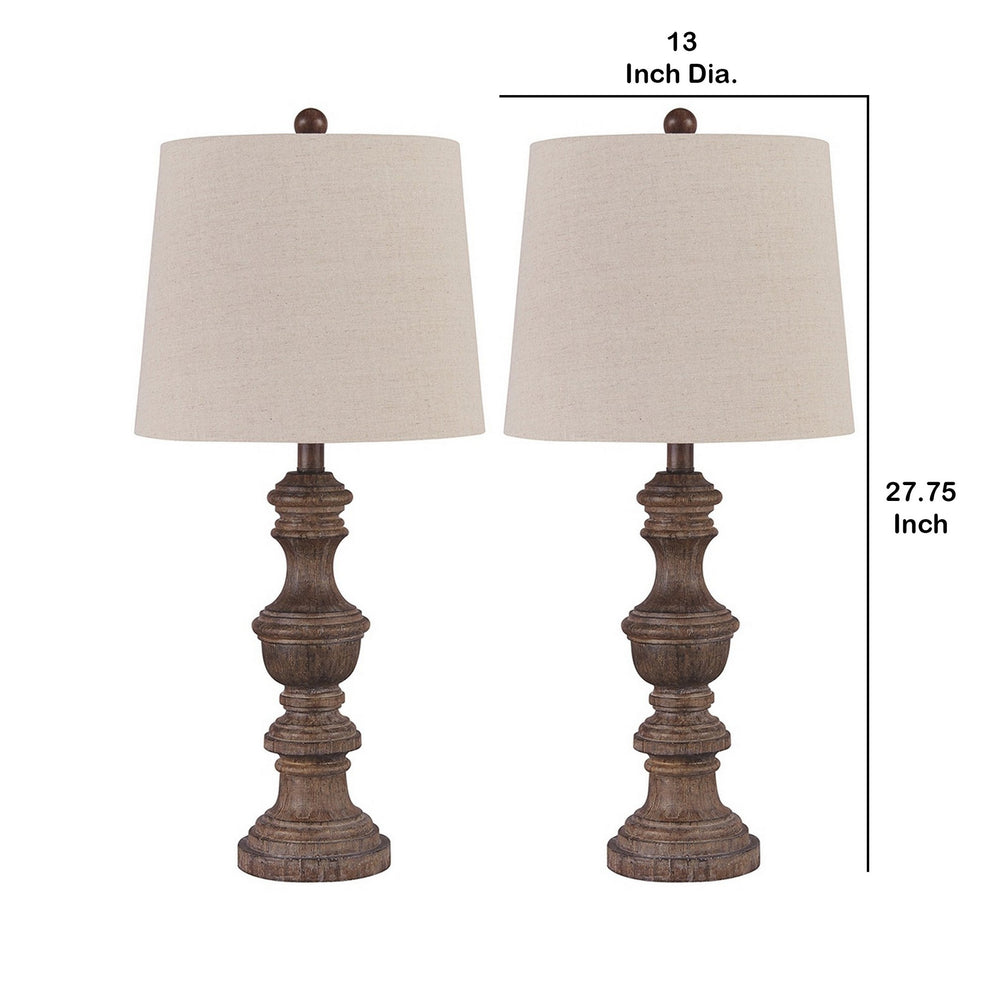 Tapered Fabric Shade Table Lamp With Turned Base Set Of 2 Gray And Brown By Benzara | Desk Lamps | Modishstore - 2