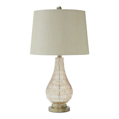 Bellied Glass Table Lamp With Fabric Drum Shade Beige And Clear By Benzara