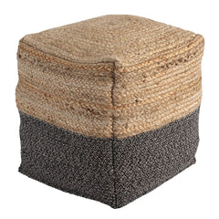 Cube Shape Jute Pouf With Braided Design Black And Brown By Benzara