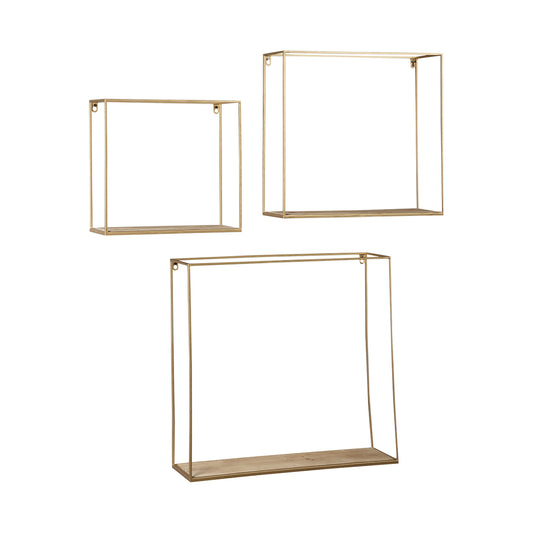 Metal Frame Wall Shelf With Keyhole Hanger Set Of 3 Gold By Benzara | Shelves & Shelving Units | Modishstore