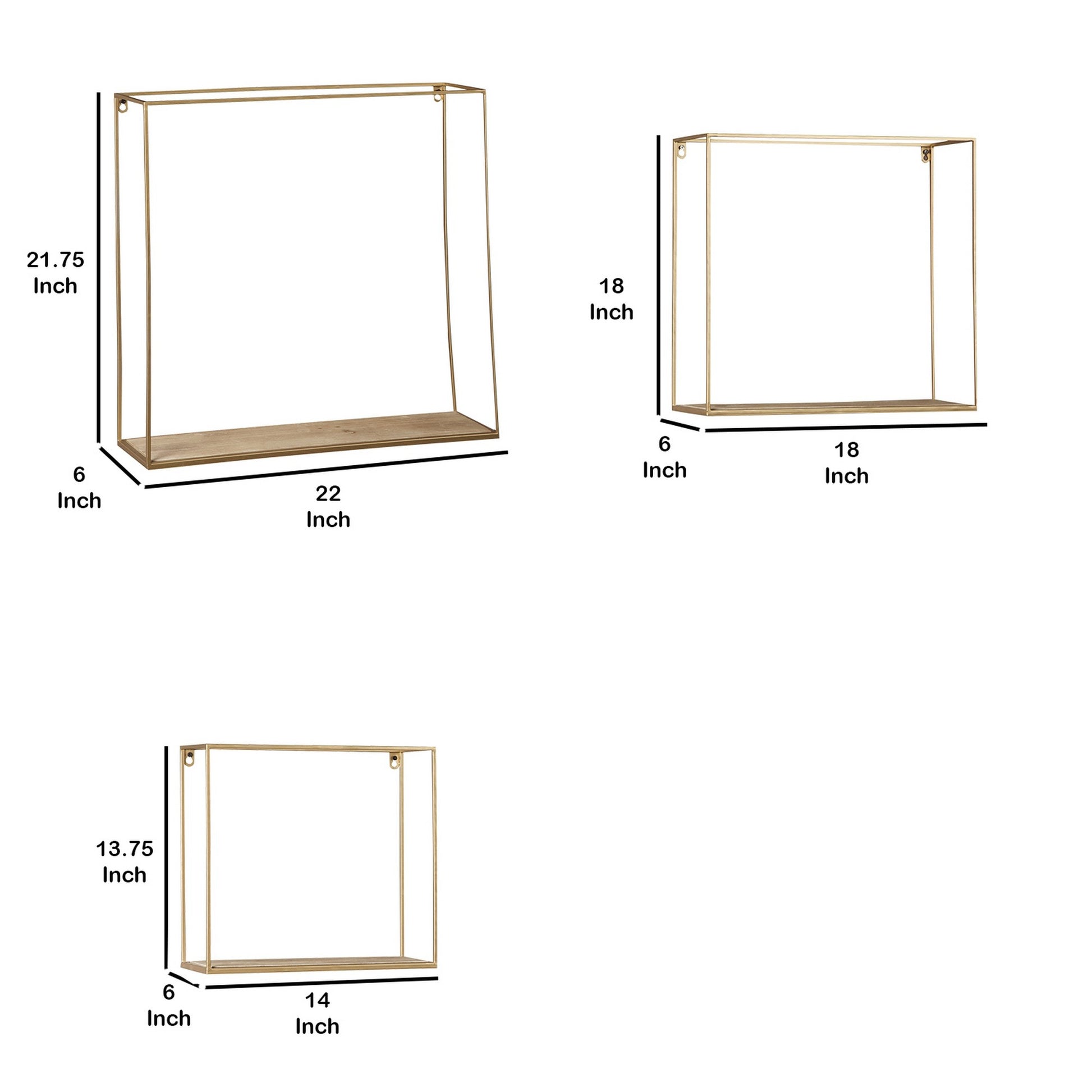 Metal Frame Wall Shelf With Keyhole Hanger Set Of 3 Gold By Benzara | Shelves & Shelving Units | Modishstore - 5