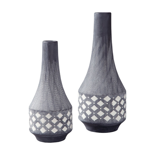Pot Bellied Ceramic Vase With Diamond Pattern Set Of 2 Black And White By Benzara | Vases | Modishstore