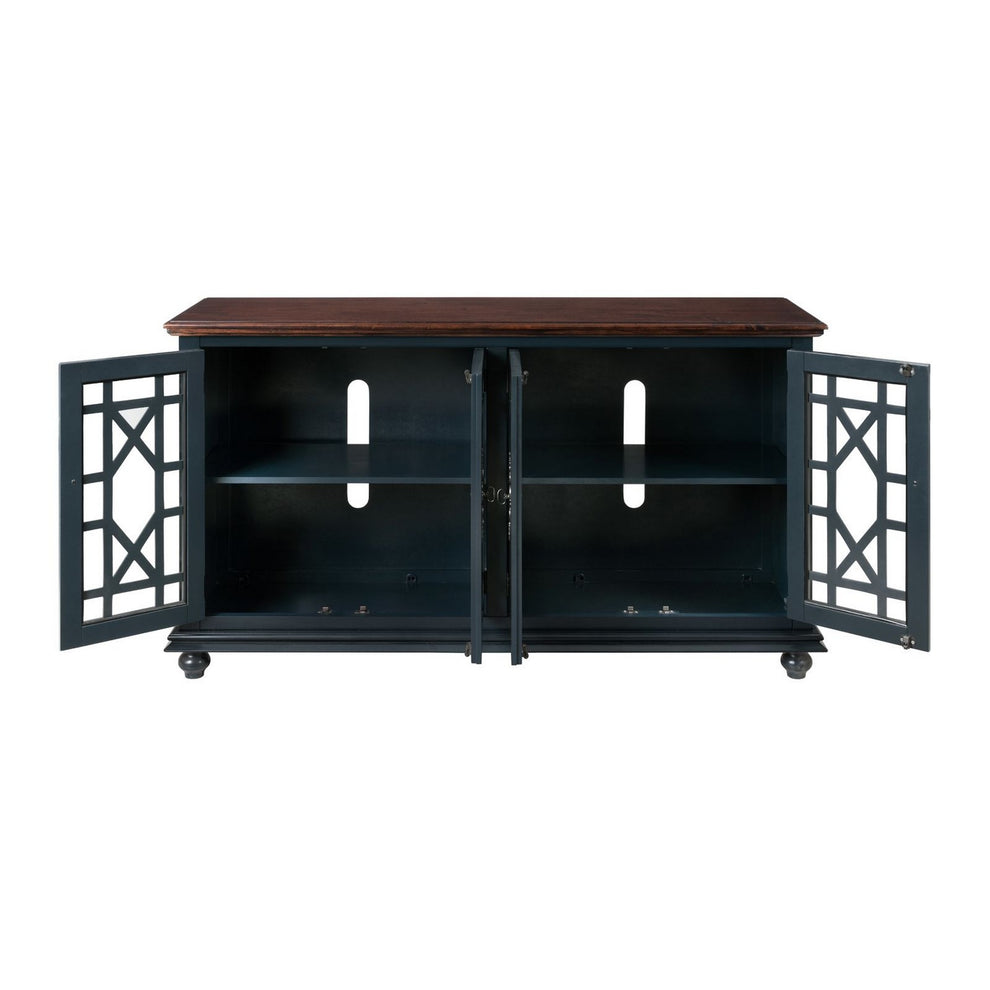 63 Inch Traditional Wooden Tv Stand With Turned Leg Brown And Blue By Benzara | Cabinets | Modishstore - 5