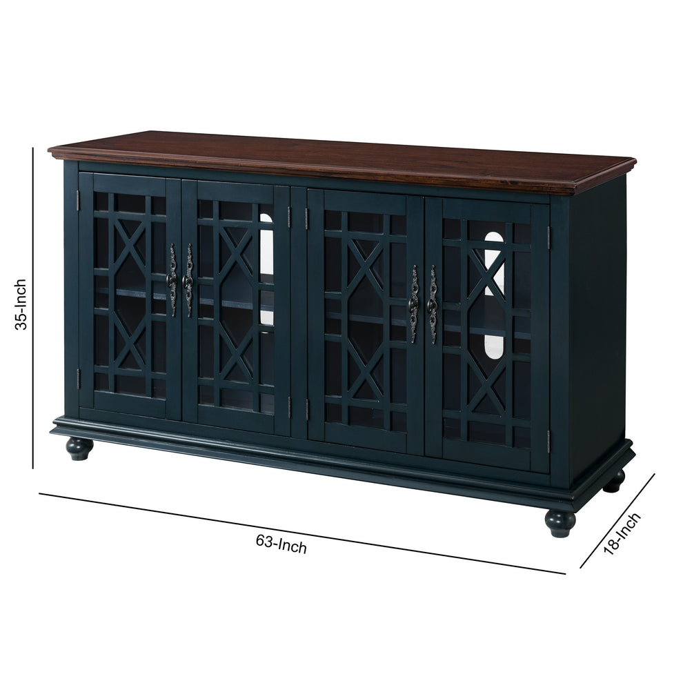 63 Inch Traditional Wooden Tv Stand With Turned Leg Brown And Blue By Benzara | Cabinets | Modishstore - 2