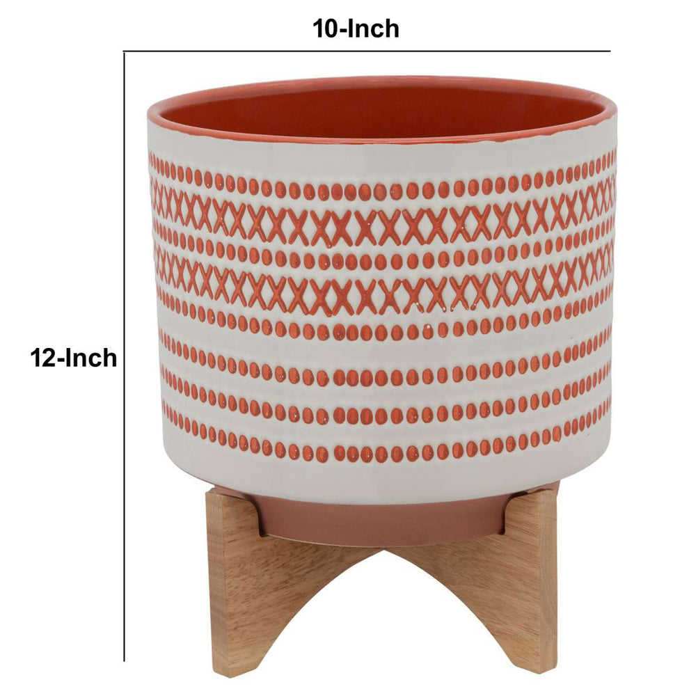 Round Shaped Ceramic Planter With Aztech Pattern, Red By Benzara | Planters, Troughs & Cachepots |  Modishstore  - 2
