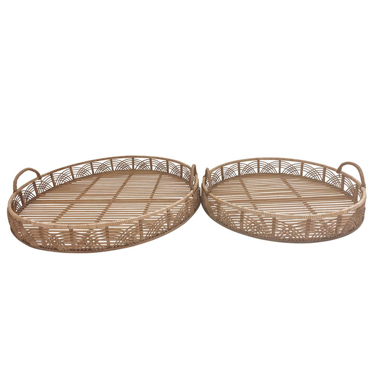 Round Shaped Bamboo Tray With Curved Handle, Set Of 2, Brown By Benzara | Trays & Pedestals |  Modishstore 