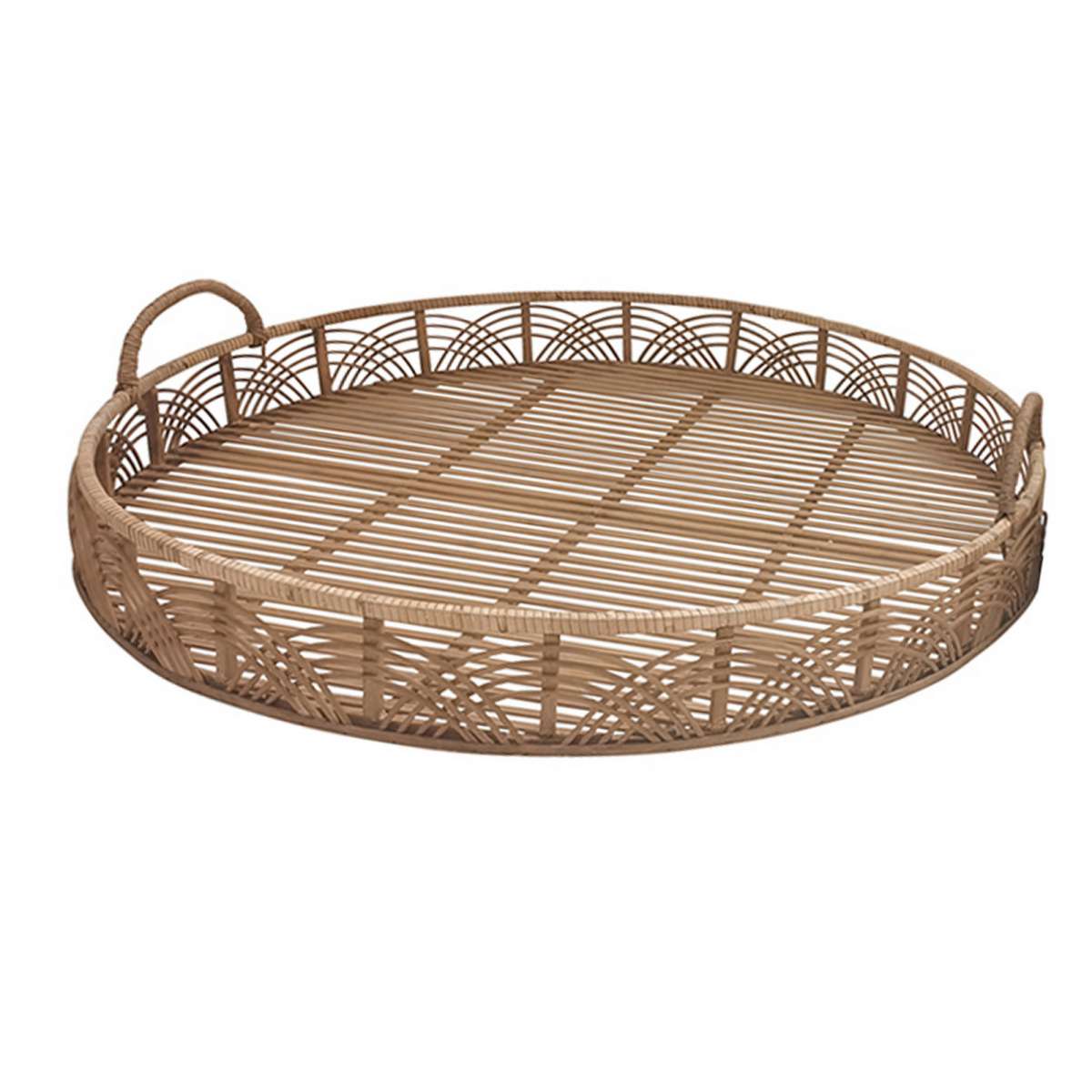 Round Shaped Bamboo Tray With Curved Handle, Set Of 2, Brown By Benzara | Trays & Pedestals |  Modishstore  - 4