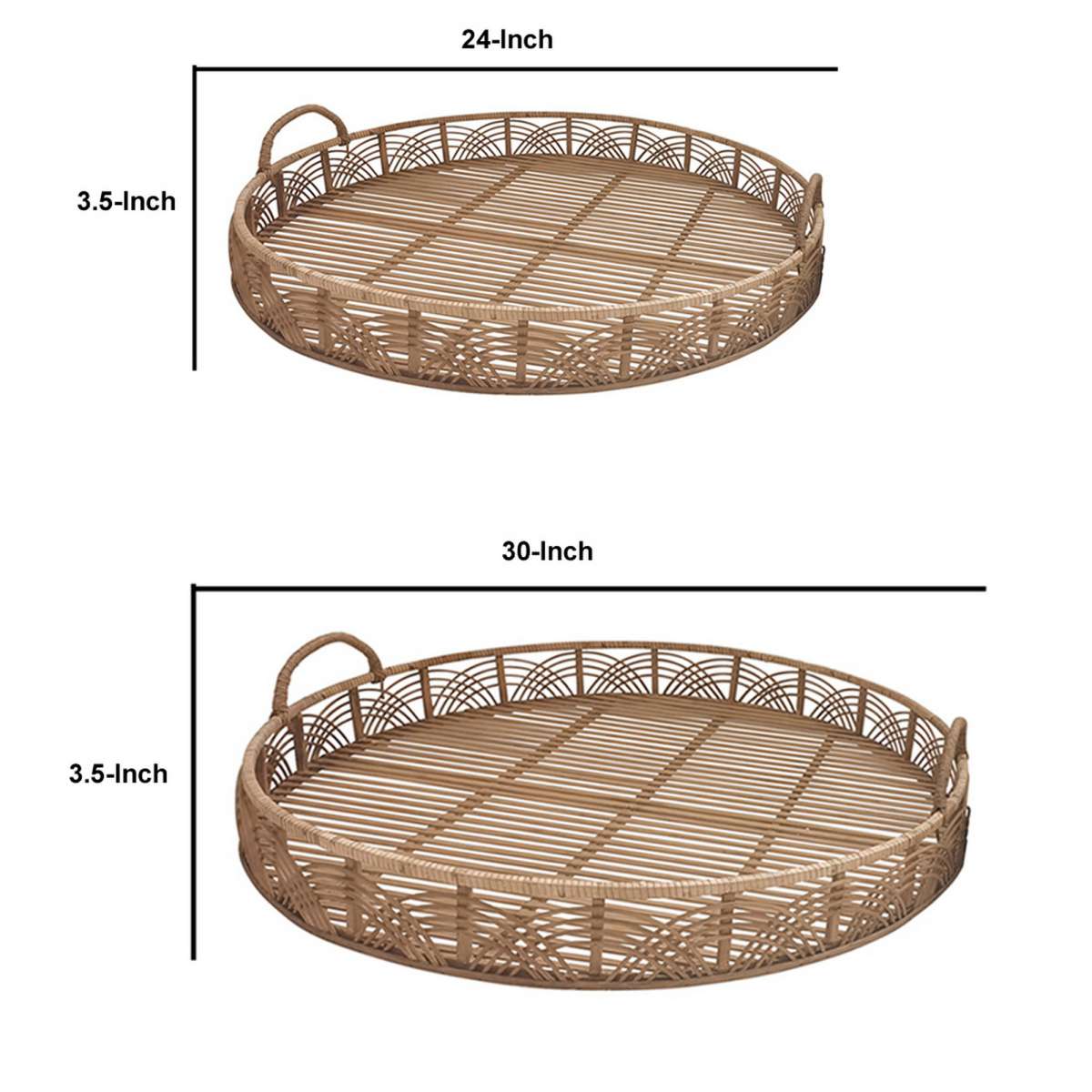 Round Shaped Bamboo Tray With Curved Handle, Set Of 2, Brown By Benzara | Trays & Pedestals |  Modishstore  - 5
