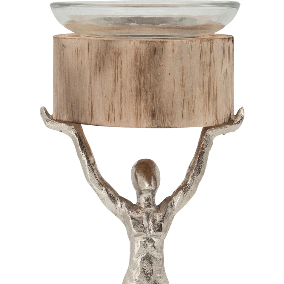 14 Inch Wooden Standing Man Candle Holder, Brown And Silver By Benzara | Candle Holders |  Modishstore  - 2