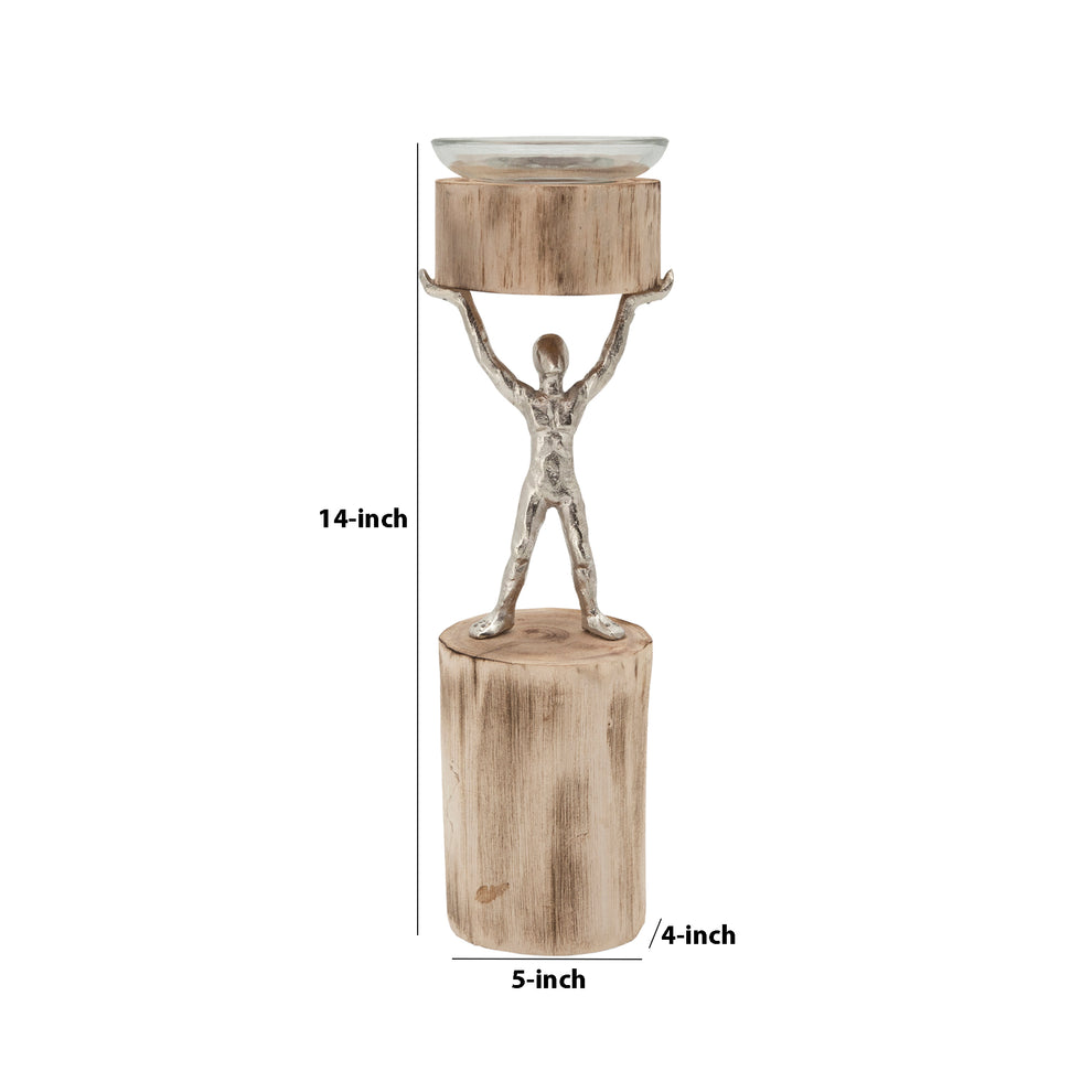 14 Inch Wooden Standing Man Candle Holder, Brown And Silver By Benzara | Candle Holders |  Modishstore  - 3