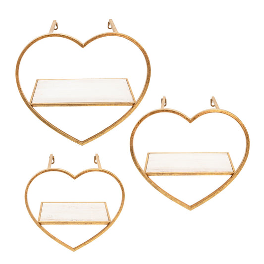 Heart Shaped Metal And Wooden Shelf, Set Of 3, Gold By Benzara | Wall Shelf |  Modishstore 