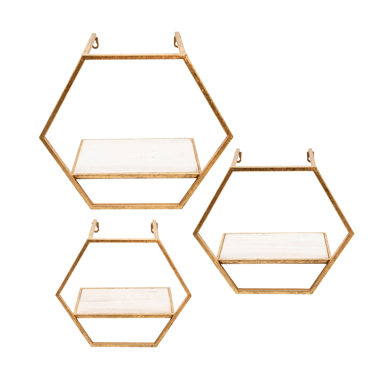 Hexagon Shaped Metal And Wooden Shelf, Set Of 3, Gold By Benzara | Wall Shelf |  Modishstore 