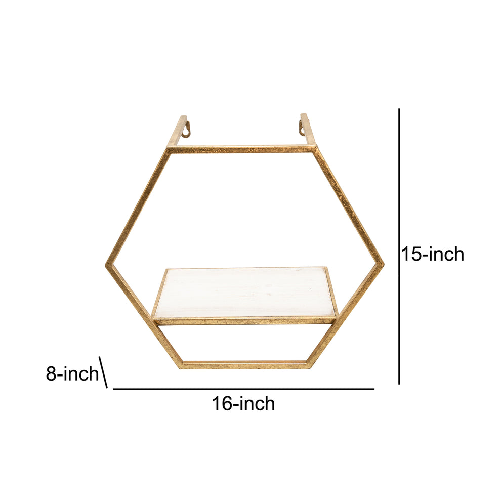 Hexagon Shaped Metal And Wooden Shelf, Set Of 3, Gold By Benzara | Wall Shelf |  Modishstore  - 4