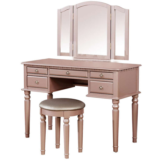 Vanity Set With Turned Tapered Legs And Three Piece Mirror, Rose Gold By Benzara | Dressers |  Modishstore 