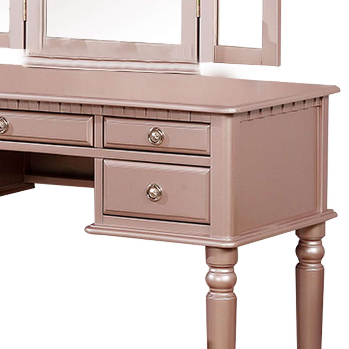 Vanity Set With Turned Tapered Legs And Three Piece Mirror, Rose Gold By Benzara | Dressers |  Modishstore  - 3