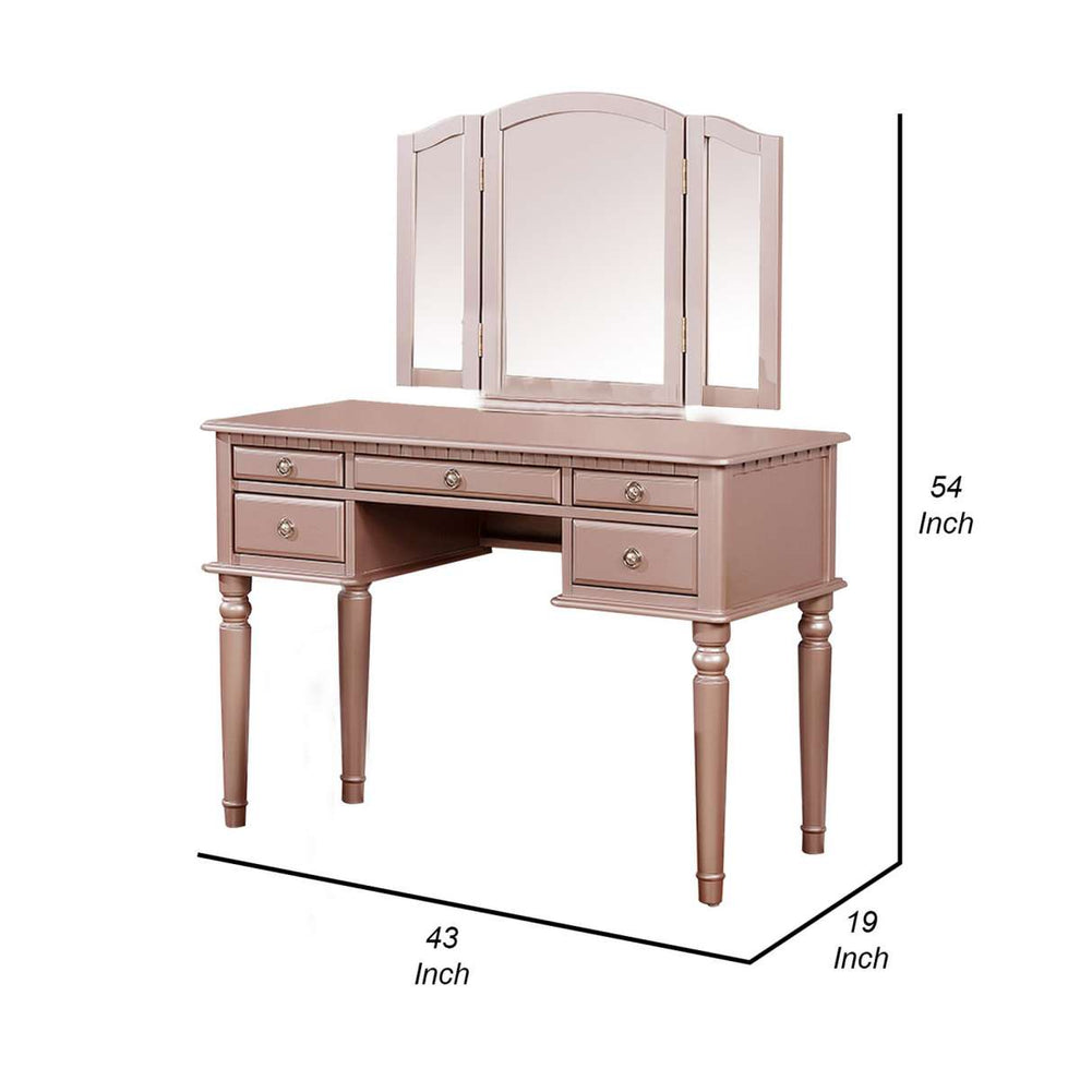 Vanity Set With Turned Tapered Legs And Three Piece Mirror, Rose Gold By Benzara | Dressers |  Modishstore  - 2