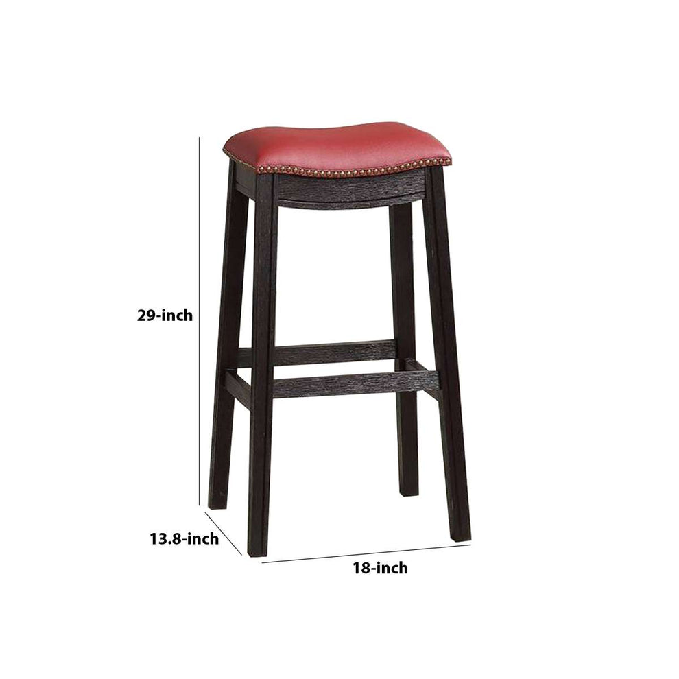 29 Inch Wooden Bar Stool With Upholstered Cushion Seat Set Of 2, Gray And Red By Benzara | Bar Stools |  Modishstore  - 2